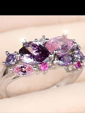 Silver Tone Pink & Purple Multi-Stone Floral Ring